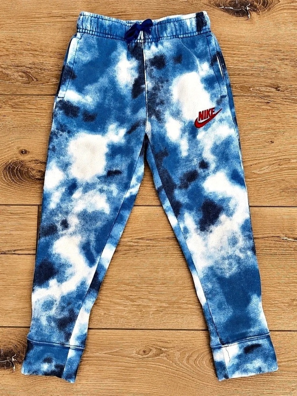 Nike Kids Size 6 Blue Tie-Dye Fleece Jogger Sweatpants Red Logo